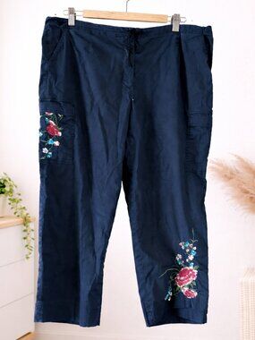 Vintage‎ Larry Levine Black Cargo Pants 18W Cropped Embroidered Floral Y2K Plus